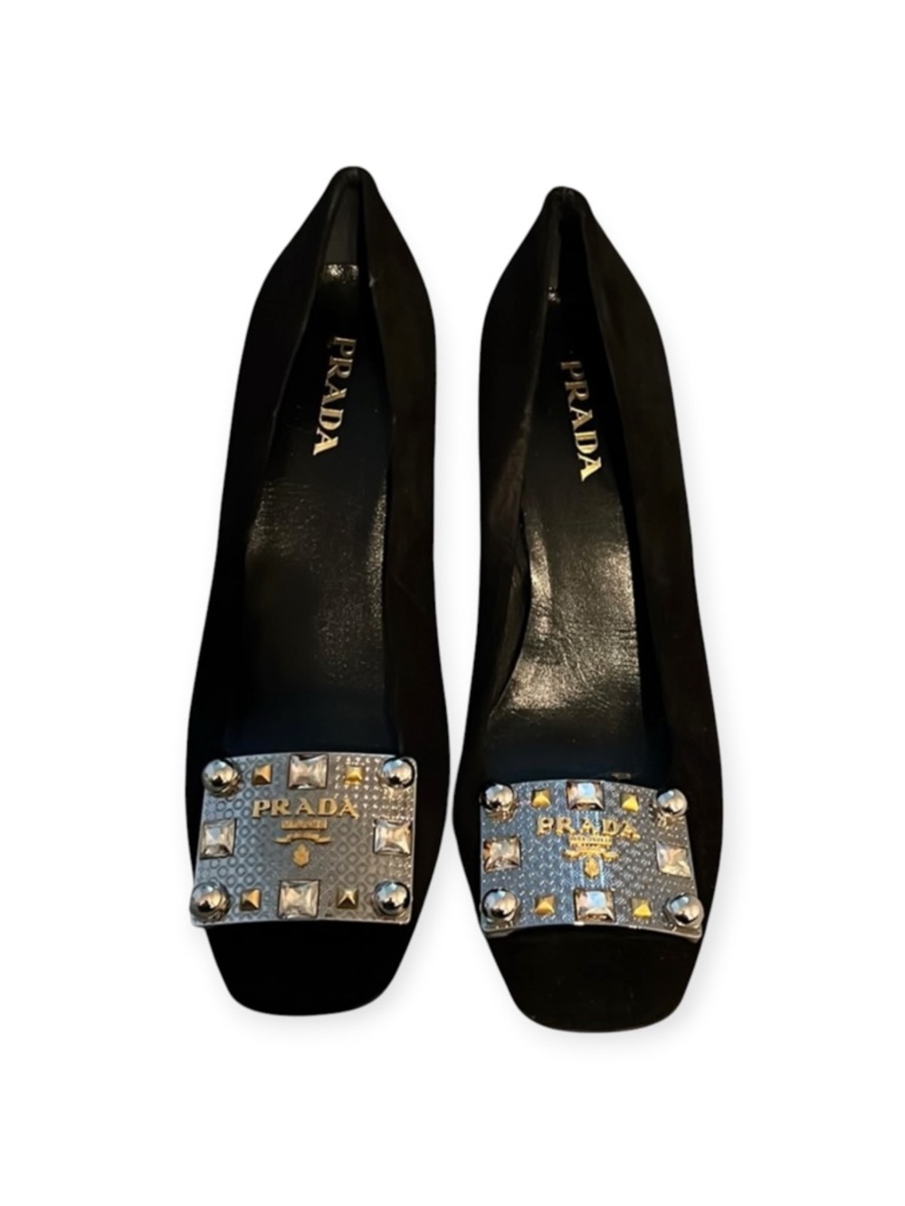 NWT‎ Prada Black Suede Crystal Embellished Buckle Pumps EU 38 US 8⁠